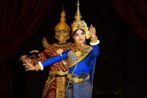 Traditional Khmer Apsara dance performance celebrating Cambodian New Year