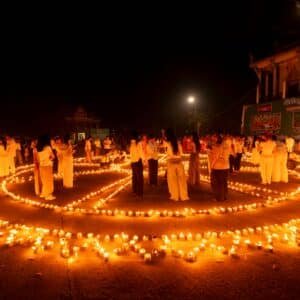 Candlelight ceremony at a pagoda in Siem Reap during Chol Vossa — the start of Buddhist Lent in Cambodia