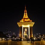 Stunning night view of Norodom Sihanouk Memorial in Phnom Penh, Cambodia, beautifully illuminated.