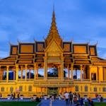 Stunning view of the Royal Palace in Phnom Penh, Cambodia, illuminated at dusk.