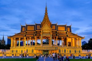 Stunning view of the Royal Palace in Phnom Penh, Cambodia, illuminated at dusk.